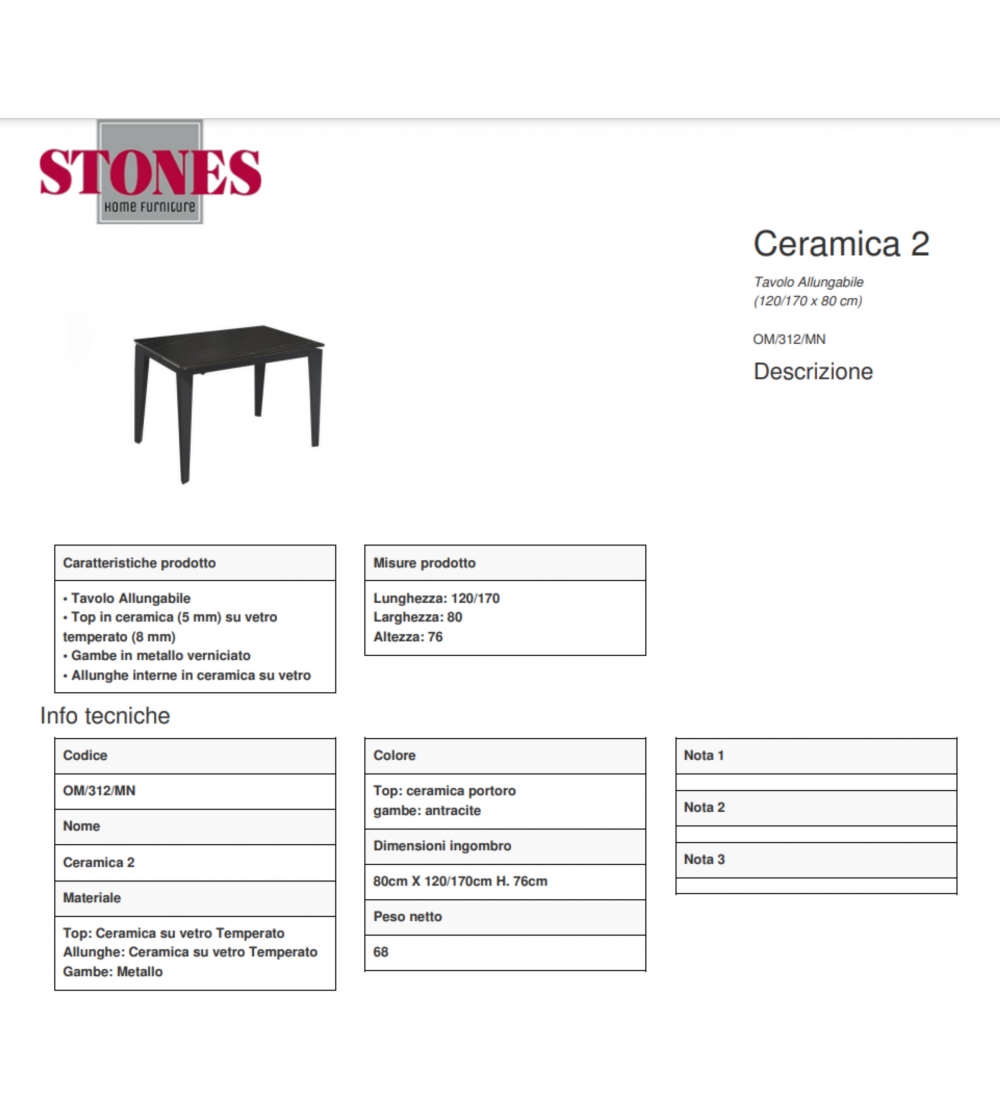 Tavolo allungabile con top in ceramica 120/170x80 cm